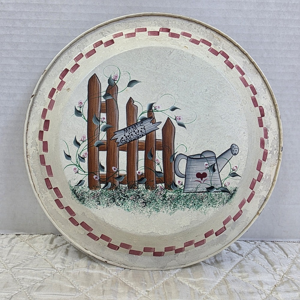 Vintage Cottagecore Rustic Hanging Mom's Garden Hand Painted‎ Tin Pan